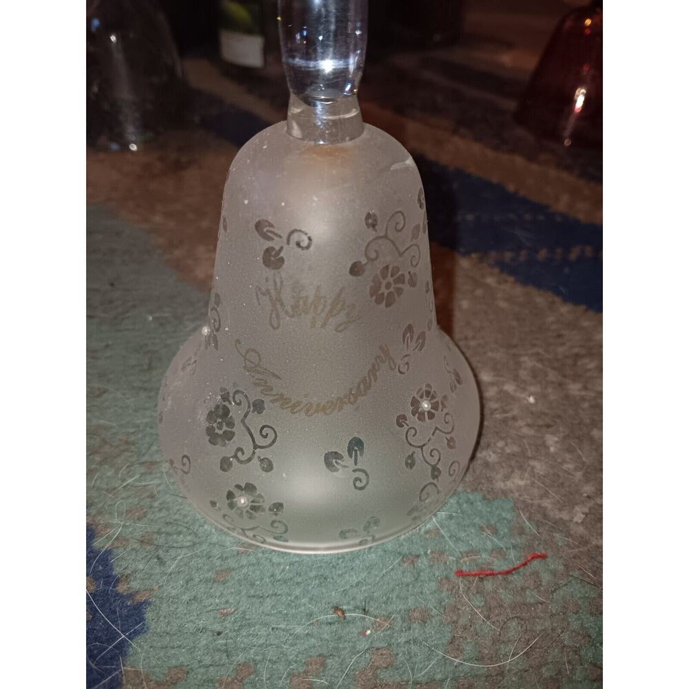 Vintage Clear Frosted Glass Wedding 50th Anniversary Bell with Pearl Accents 5"